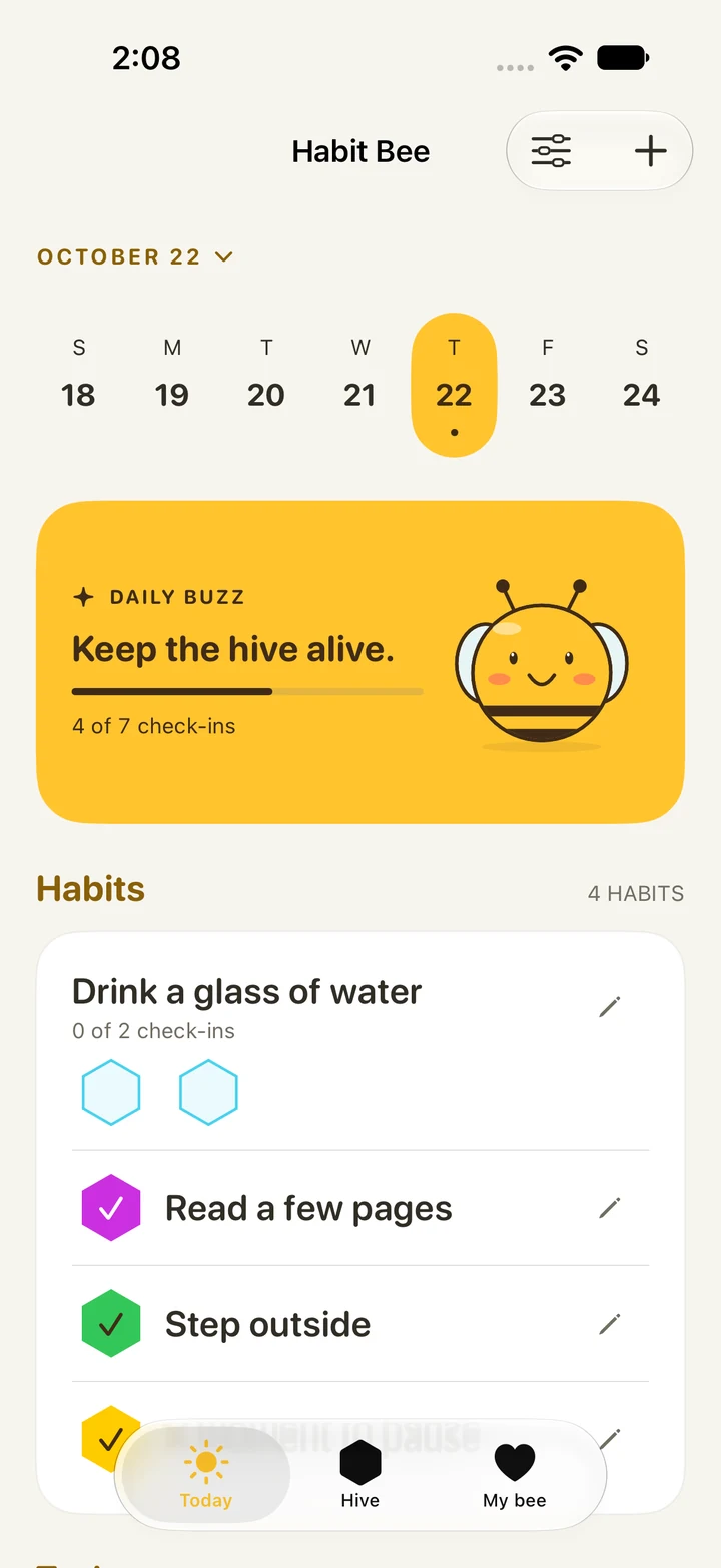 Habit Bee on iPhone: today's habits, colored check-ins, and a cheerful bee.